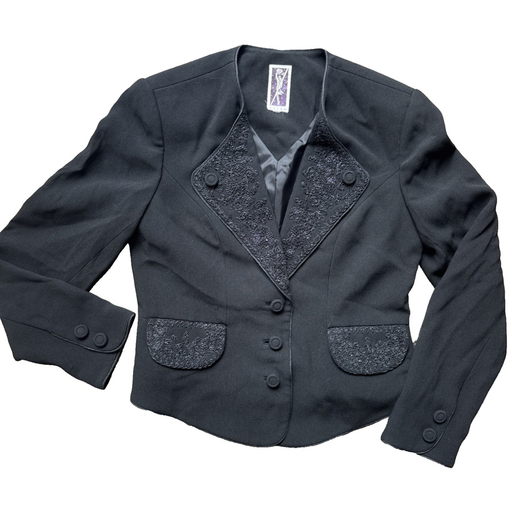 Vintage ZELDA Black Soutache Embroidered Jacket Asymmetrical 80s 90s Gothic